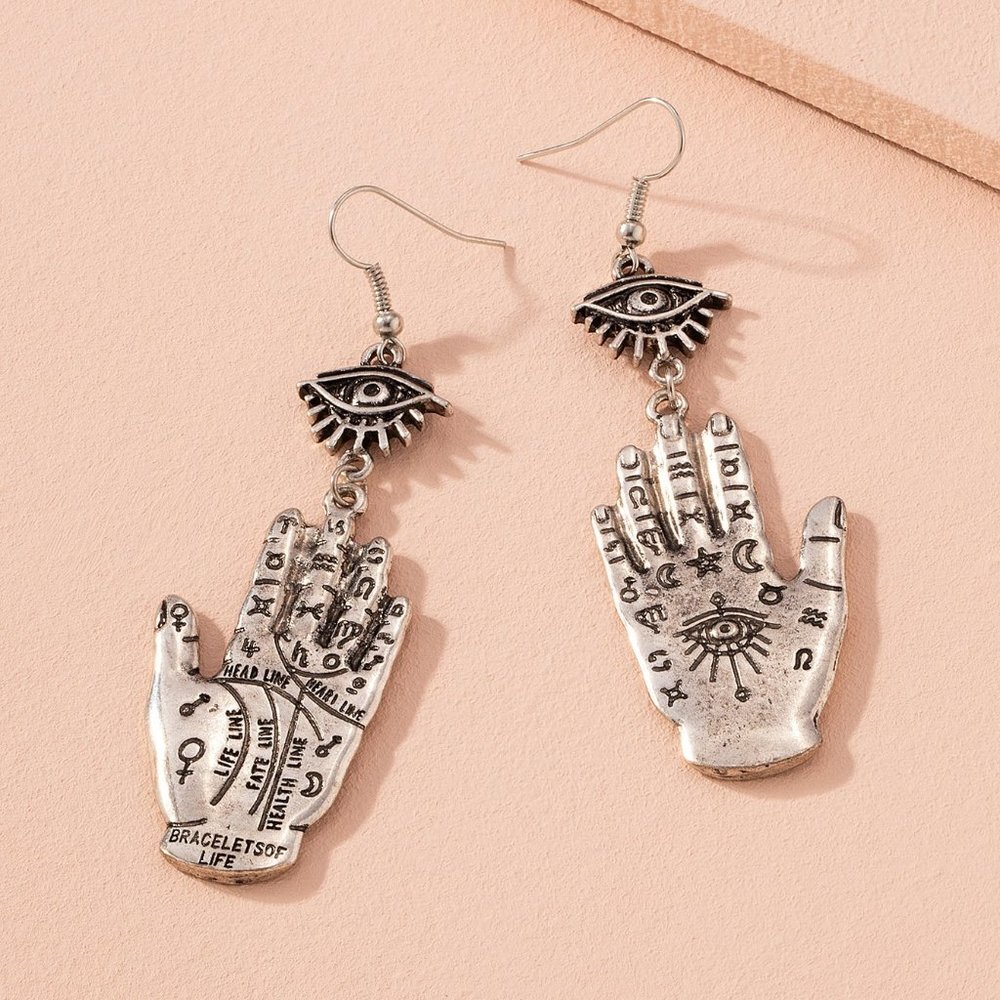 Silver Tone Spiritual Symbols Hand Design Drop Earrings NWT